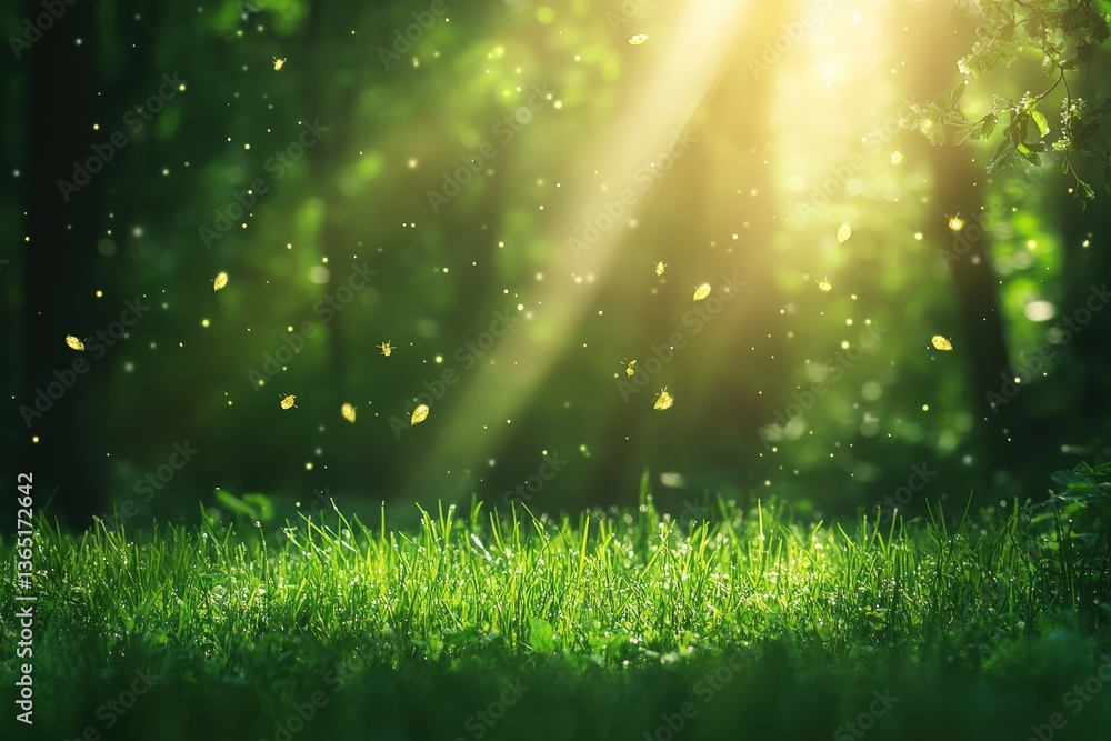 Aufkleber a serene scene featuring sun rays filtering through trees, illuminating a grassy area with floating 