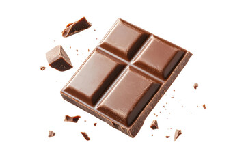 Rich dark chocolate bar with crumbs against black background, cut out