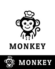 A creative and playful monkey chef logo featuring a cute smiling monkey wearing a chef hat and uniform in black and white 