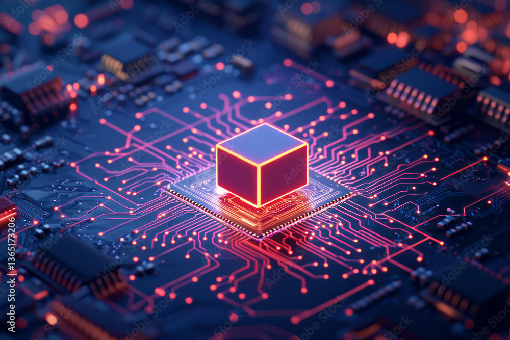Poster a hyper-realistic microcontroller chip illustration featuring a central cube-shaped core surrounded