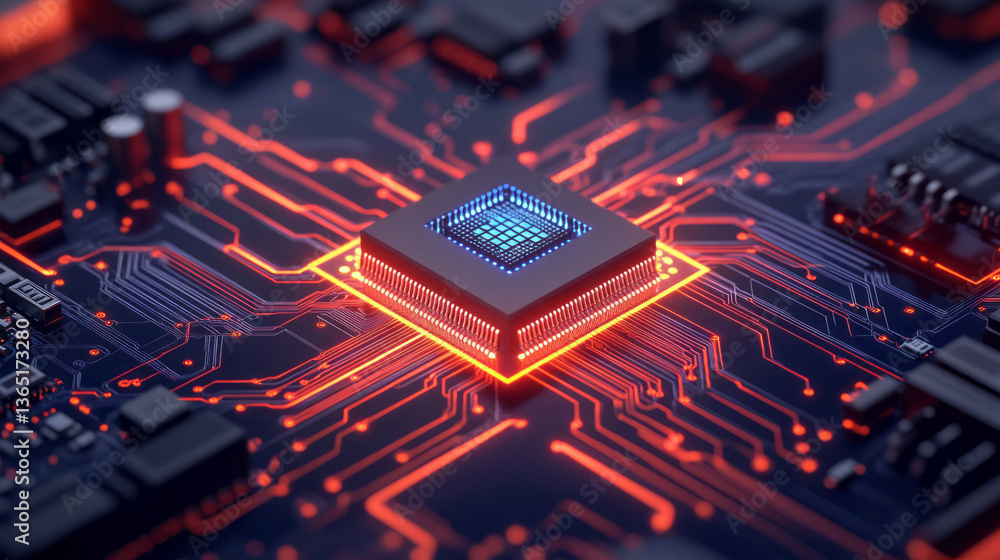 Poster a striking, realistic portrayal of an advanced microcontroller chip featuring a central cube-shaped