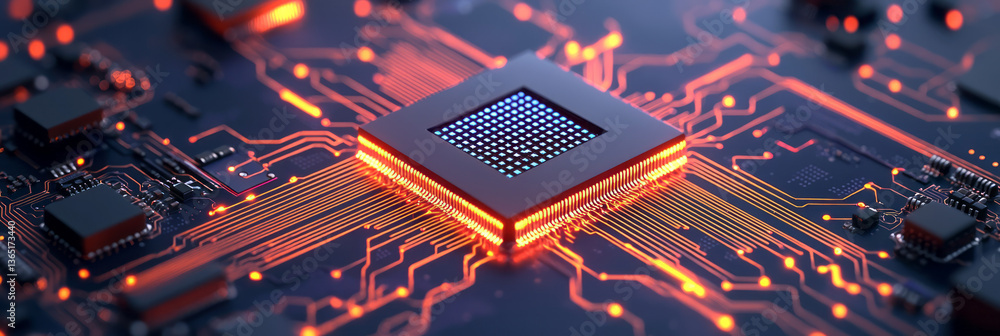 Poster an advanced microcontroller chip rendered in high detail with a cube-shaped core and vibrant blue