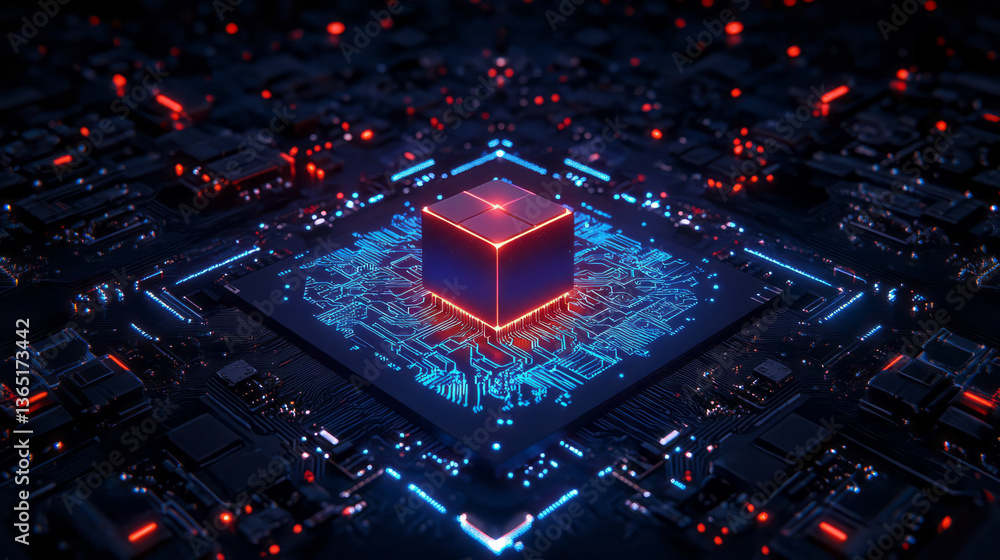 Aufkleber a striking, realistic portrayal of an advanced microcontroller chip featuring a central cube-shaped