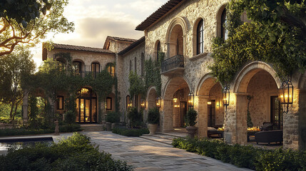 Obraz premium luxurious Tuscan estate with warm sandstone walls and lush greenery