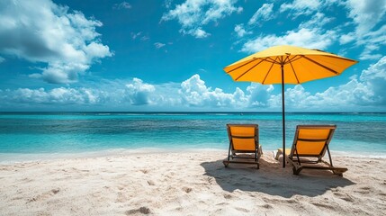 Fototapeta premium Tranquil Beach Scene with Two Lounge Chairs and a Yellow Umbrella Under a Bright Blue Sky