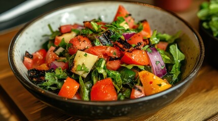 Delicious salad with grilled halloumi, red onions, and juicy tomatoes. Healthy, colorful image is perfect for food blogs and recipe sites.