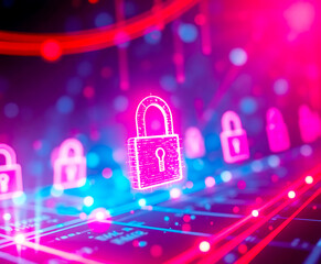 Cybersecurity ensures internet safety by protecting against hacker attacks, securing passwords, and preventing cyber threats. Shield with a lock symbol technology safeguards digital information.
