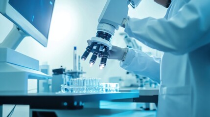 Fototapeta premium A scientist conducting delicate experiments using robotic arms inside a sterile biotechnology lab, advanced robotic precision in handling microscopic samples, High-tech style