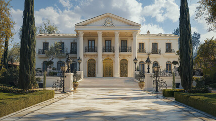 Obraz premium Elegant estate with grand double doors and white columns