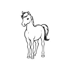 A black and white vector silhouette of a lonely baby horse with sad eyes and a slumped posture on a white background