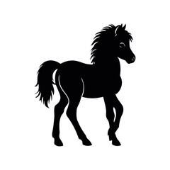 A simple black and white vector silhouette of a sad baby horse looking downward with a sorrowful expression on a clean white background