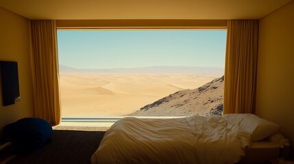A bedroom overlooks a desert landscape through a large window