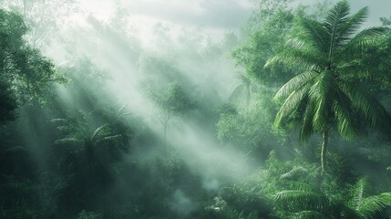 Obraz premium Tropical Rainforest at Dawn with Lush Greenery and Misty Morning in the Dense Amazon Jungle