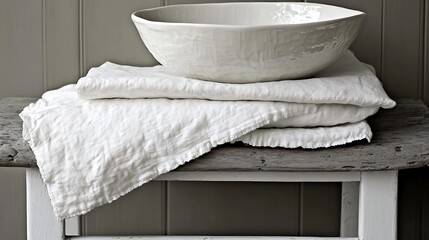 A stack of white linen with a large ceramic bowl on top