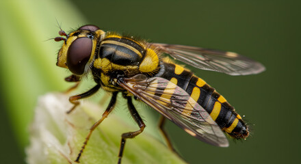Detailed closeup showcasing hoverfly mimicking wasp coloration and intricate wing patterns