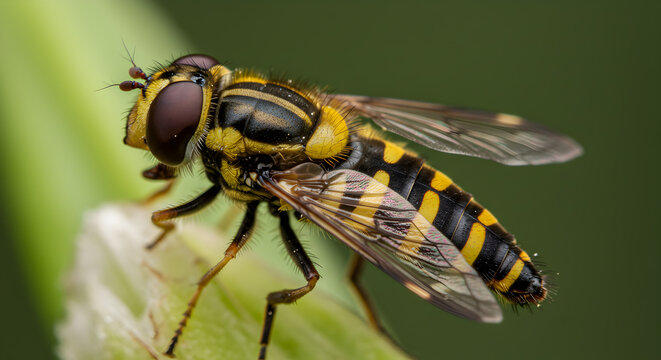 Detailed closeup showcasing hoverfly mimicking wasp coloration and intricate wing patterns