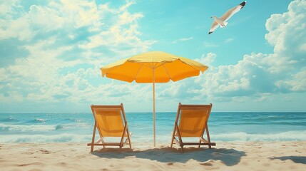 Two Beach Chairs Under a Yellow Umbrella on a Sunny Beach with a Seagull Flying Overhead