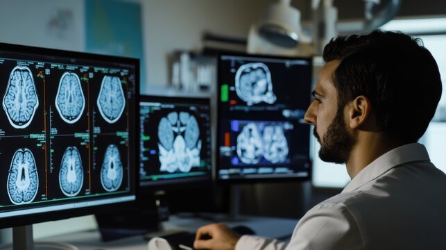 A smart healthcare researcher developing AI driven diagnostics tools for early disease detection, medical office with diagnostic equipment, patient data systems