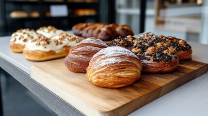 Freshly baked pastries on a wooden board.  Various types of breads and buns displayed for sale.  A selection of delicious baked goods