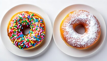 Colorful donuts, sprinkles, powdered sugar, white plates, top view, high detail, food photography, vibrant colors, circular shapes, contrasting textures, appetizing
