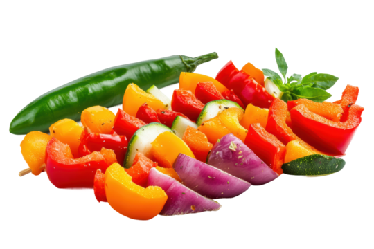 Colorful vegetable skewers with peppers, onions, and zucchini, cut out