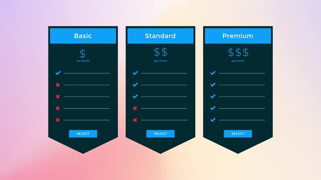 Basic, Premium, and Standard Package Animation with Pricing and Features