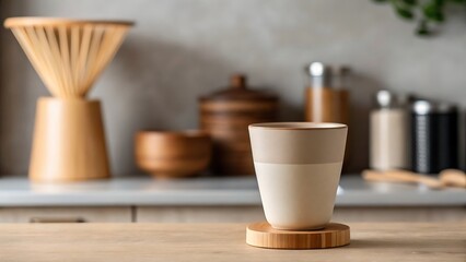 Coffee Culture Sustainable Japan style, A stylish cup of coffee on a wooden table with minimalist kitchenware in the background.