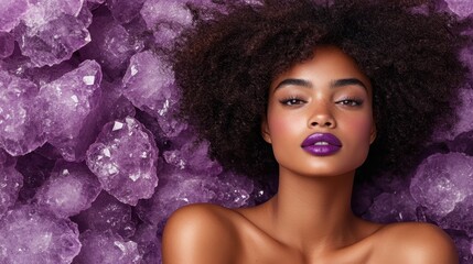 A glamorous model poses with striking purple lipstick against a backdrop of rich purple crystals, showcasing beauty, elegance, and artistic flair.
