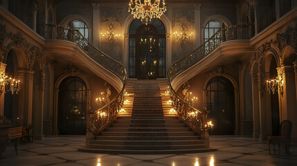 Fototapeta premium magnificent classical mansion with grand double staircase and chandeliers