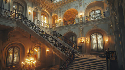 Fototapeta premium Elegant grand staircase in classical mansion with ornate details