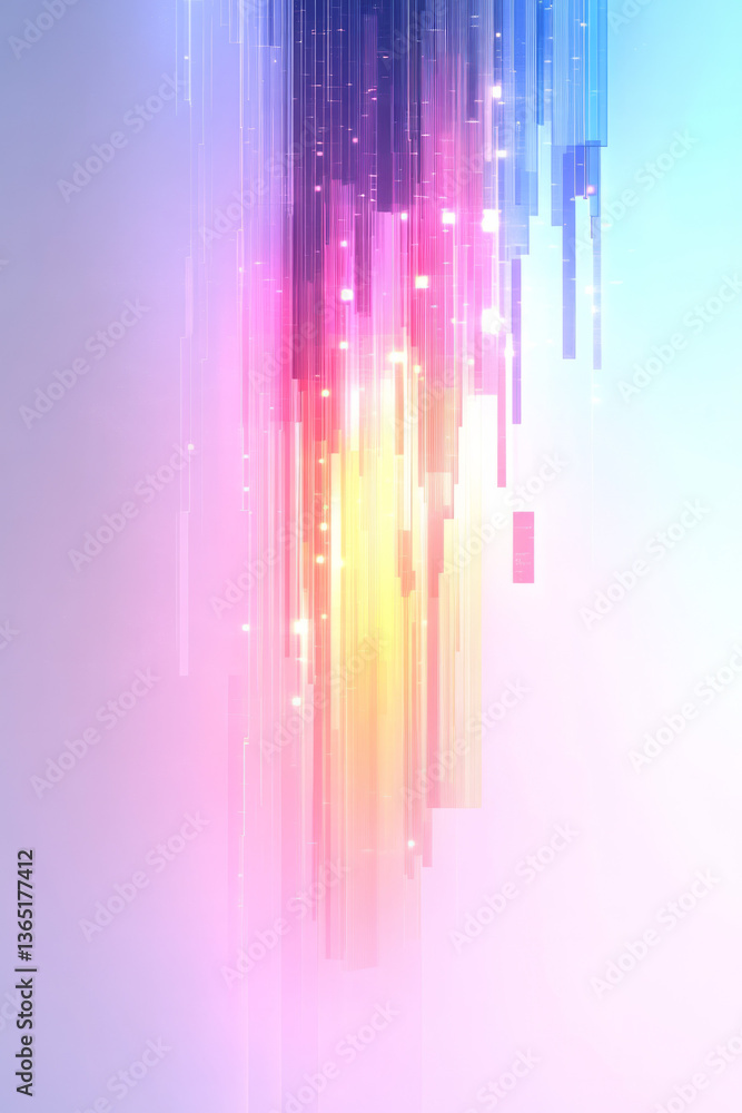 Poster a futuristic digital art piece displaying colorful vertical light beams and streaming data on a