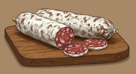 Delicious cured sausage rests on rustic wood board bathed in warm light. AI Generated