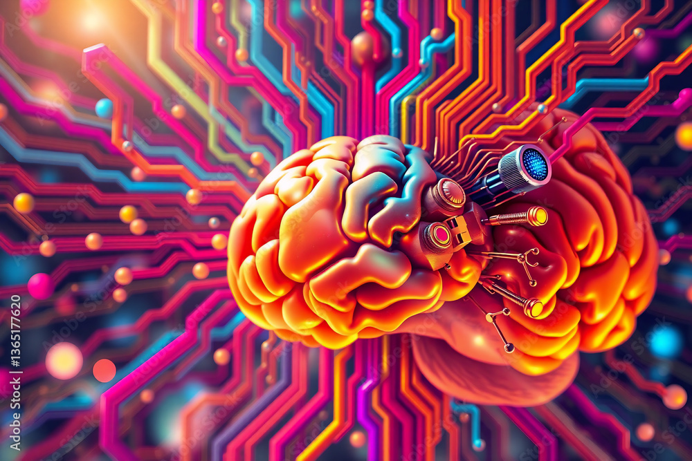 Poster vibrant brain interwoven with colorful circuit lines, symbolizing neural network connections and tec