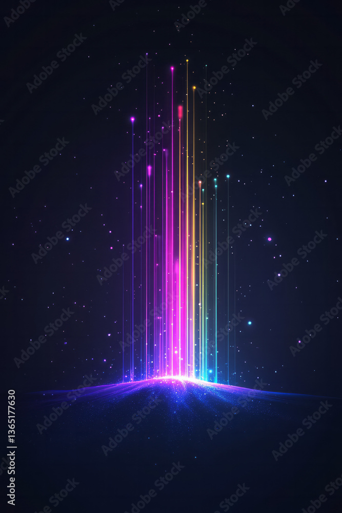 Poster an energetic digital background with colorful, glowing vertical lines and dynamic pixelated effects