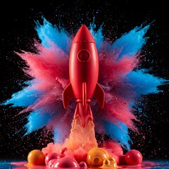  rocket ascends through a dynamic explosion of colorful paint