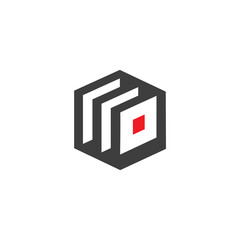 A stylized geometric logo featuring two white, angled, parallel shapes resembling the letter "O" or an open book, positioned within a dark gray hexagon with a red square accent.