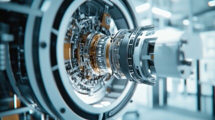 Fototapeta premium A space engineer developing propulsion systems for interstellar travel, space lab with propulsion models and space data visible, High-tech style