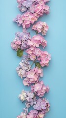 Obraz premium Vertical Arrangement of Pink and Purple Hydrangeas on Light Blue Background
