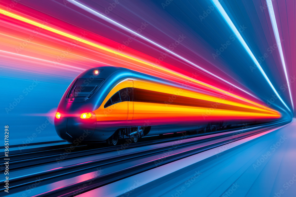 Poster a dynamic scene of a high-speed train, with vibrant colors and a motion blur effect on a station