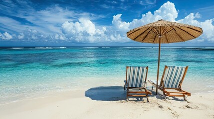 Obraz premium Two Striped Lounge Chairs Under a Beach Umbrella on a Sunny Tropical Beach, Perfect for Relaxation
