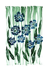 An image of abstract blue flowers with dark accents, set against a background of vertical green stripes reminiscent of tall grass.