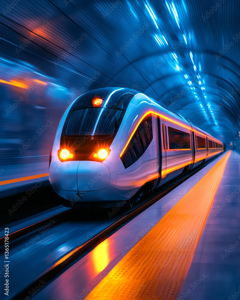 Poster a striking image of a high-speed train in motion on a station platform, rendered with a blur effect
