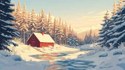 Naklejka premium Cozy red cabin nestled in a snowy forest by a serene river during a tranquil winter sunset