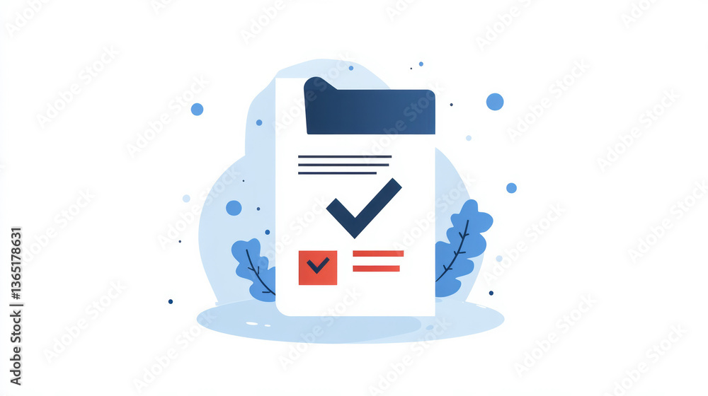 Aufkleber an elegant document icon with a checkmark, rendered in a minimalist vector flat style on a light