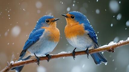 Fototapeta premium Two Vibrant Bluebirds Perched Side by Side on a Branch, Taking Shelter Under a Translucent Umbrella 