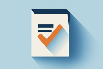 A document icon with a checkmark, illustrated in a vector flat style on a light blue background,