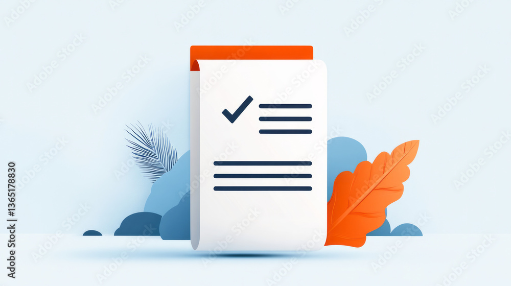 Aufkleber a dynamic document icon with a checkmark, created in a flat vector style on a light blue backdrop,