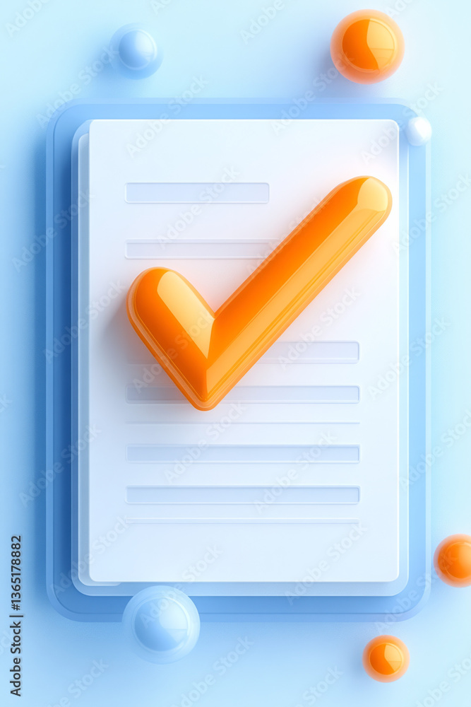 Poster a modern vector design of a document icon with a checkmark on a light blue background, featuring an