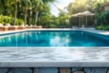 Fototapeta premium white marble top with blurred empty Swimming pool background can be used for mocking up or display product to make advertising.