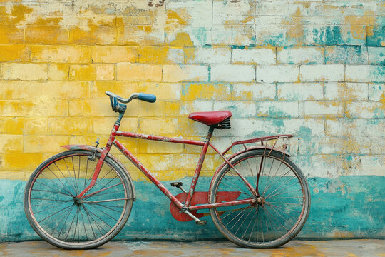 A rusty red bicycle leans against a vibrant, aged brick wall, a scene of vintage charm. - Powered by Adobe